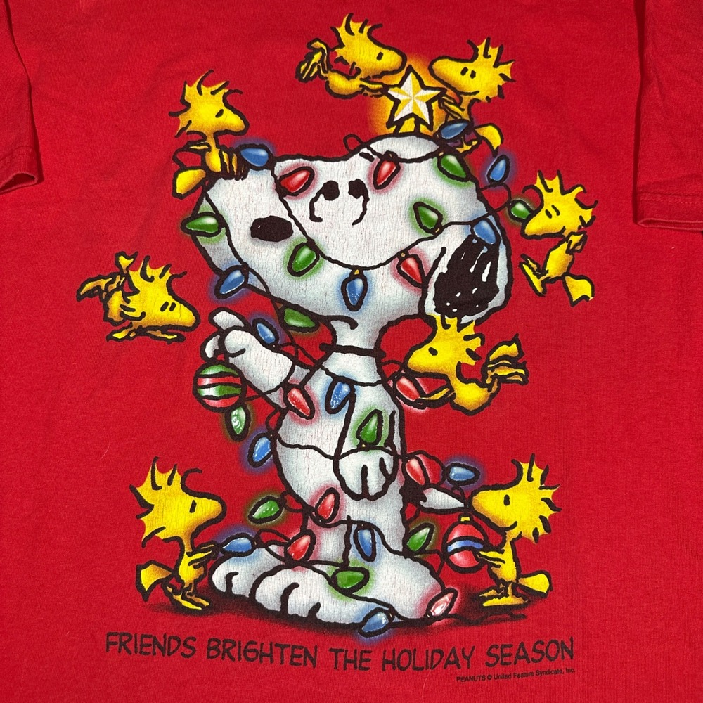 Vintage T-Shirt Peanuts Mens L Red Snoopy Woodstock Christmas Graphic Excellent - Picture 2 of 4